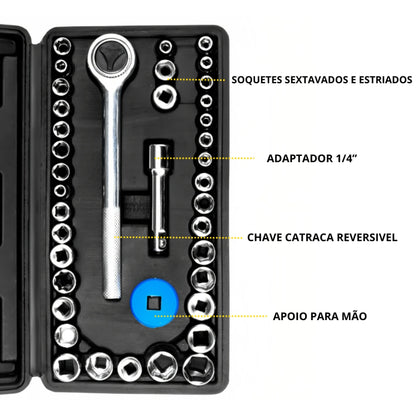 Kit Chave Soquete 40 Peças – Catraca Reversível 1/4